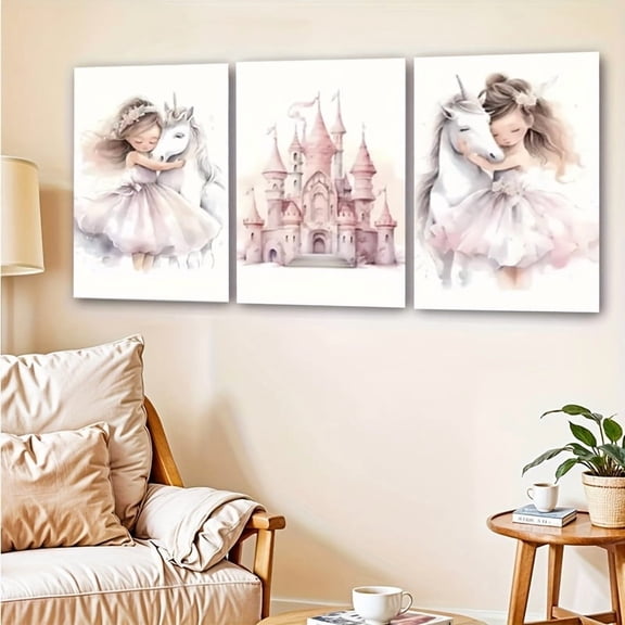 3pcs Princess Castle Canvas Art Print, 2D Frameless Wall Decor for Living Room, Bedroom, Kitchen - Pink Cartoon Style, High-End Kids Room, Indoor/Outdoor Use, Perfect for Home Office, Kitchen Wall A