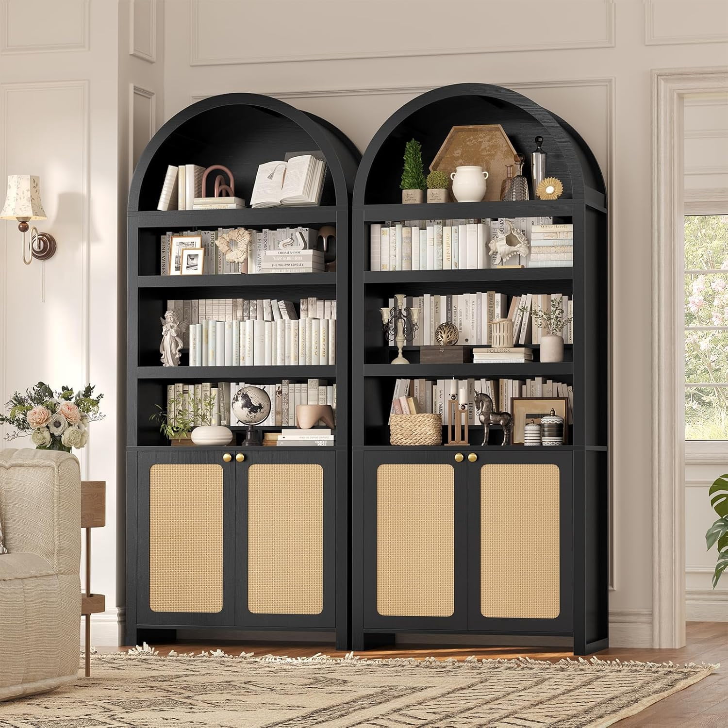 81" Tall Arched Kitchen Pantry Storage Cabinet, 6-Tier Bookcase with 2 Doors for Living Room, Kitchen, Home Office, Black+Oak