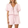 thumbnail image 2 of Yunliwuli Women 2 Piece Outfits Plaid Print Tie Front Short Sleeves Tops and Elastic Shorts Club Streetwear Fashion Clothes, 2 of 9