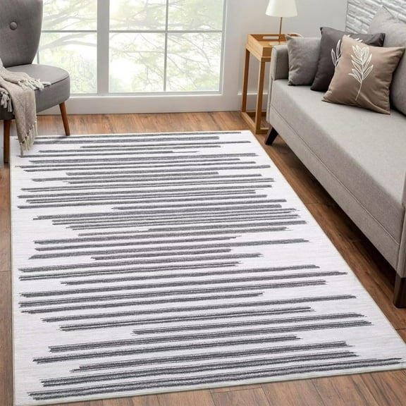 GlowSol 8'x10' Machine Washable Area Rug Contemporary Berber Stripe Area Rug Bohemian Rug Indoor Floor Carpet for Living Room Bedroom, Gray Lines