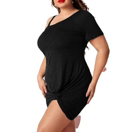 

Casual Plain Asymmetrical Neck Sleepshirts Black Short Sleeve Plus Size Nightgowns & Sleepshirts S