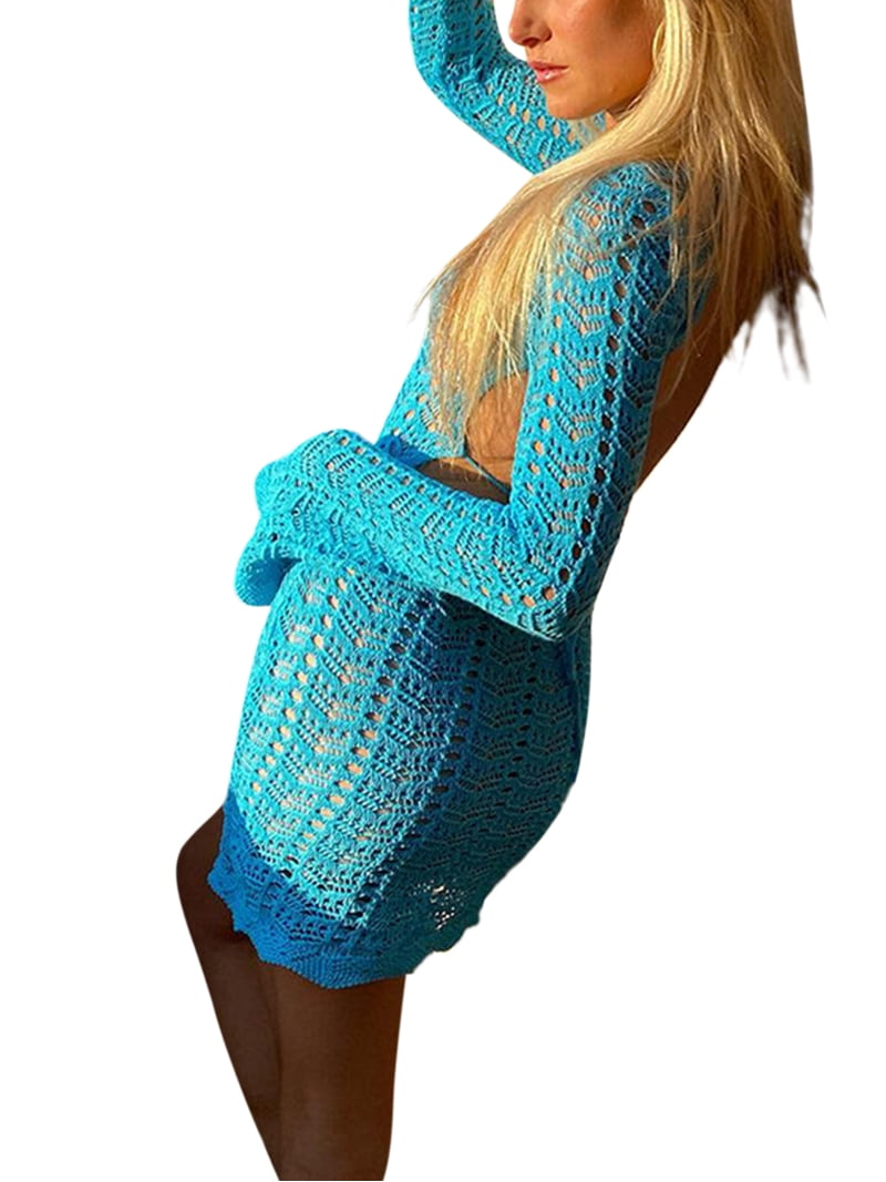 crochet knitted backless mini dress Cream Crochet Knit Halterneck Cut Out Backless Mini Dress