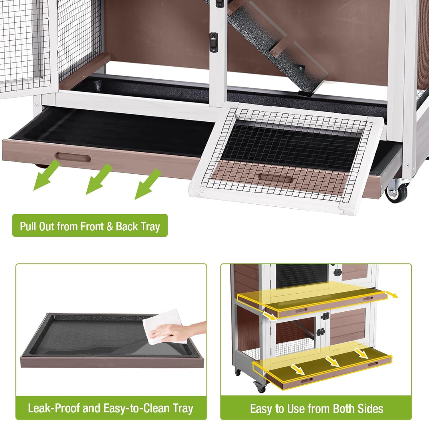 MEDEHOO 2-Story Rabbit Hutch Indoor Bunny Cage Wooden Guinea Pig House with Chew-Proof Ramp, Leakproof Slide-Out Trays, Lockable Caster Wheels for 1-3 Rabbits (Brown)