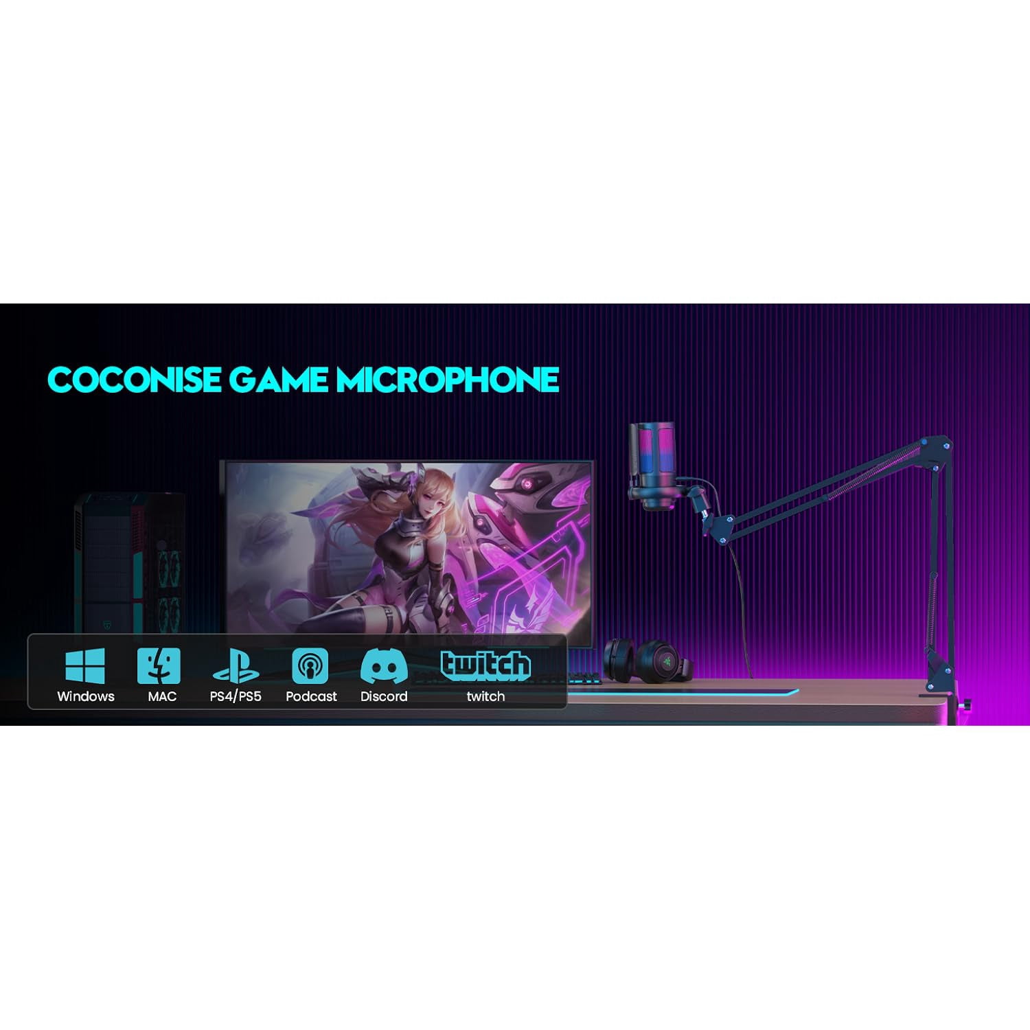 Gaming Microphone, USB PC Mic for Podcasts Videos, Streaming, Condenser Mic with Quick Mute, Tripod Stand, Pop Filter, RGB Indicator, Shock Mount, Rotate gain button, Compatible with PS4/5/PC