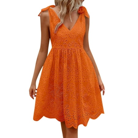 Mohiass Women s Sexy Spaghetti Strap Eyelet Lace Babydoll Dress A Line Beach Party Short Sun Dress Orange L