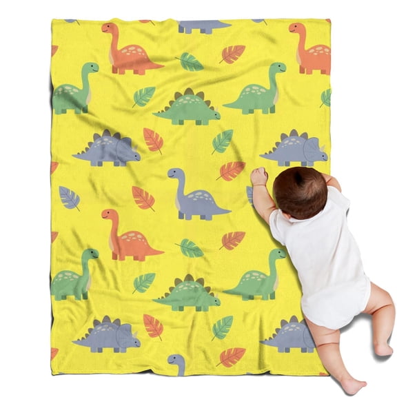 Yellow Cartoon Dinosaurs Leaves Pattern Blanket,Comfortable Soft Flannel Throw Blanket,All Season,Warm Lightweight Blankets for Sofa Bed Couch Living Room Chair,30"x40"