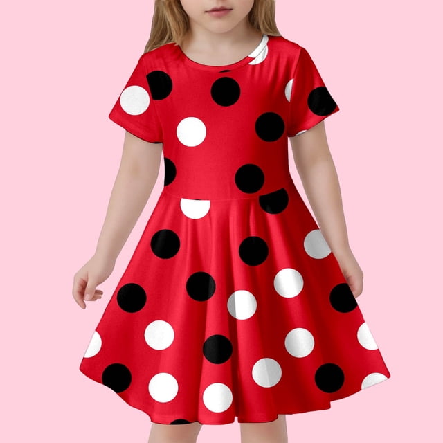 Robe Fille Enfant à Manches Courtes, Robe d'Été, Robe de Princesse, Robe Trapèze à Volants, Robe Évasée à Pois pour Filles, Robe d'Anniversaire