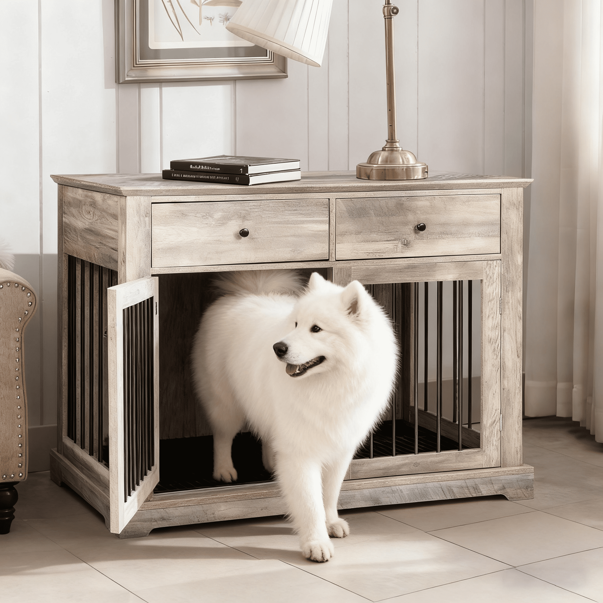 Waleaf 44" Large Dog Crate Kennel Furniture with 2 Storage Drawers for inside, Wooden Pet Cage for Medium Large Dogs