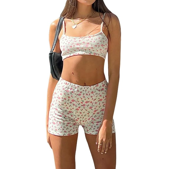 Coduop Women Two Pieces Knitted Strap Crop Top Cami Tops High Waist Shorts Set