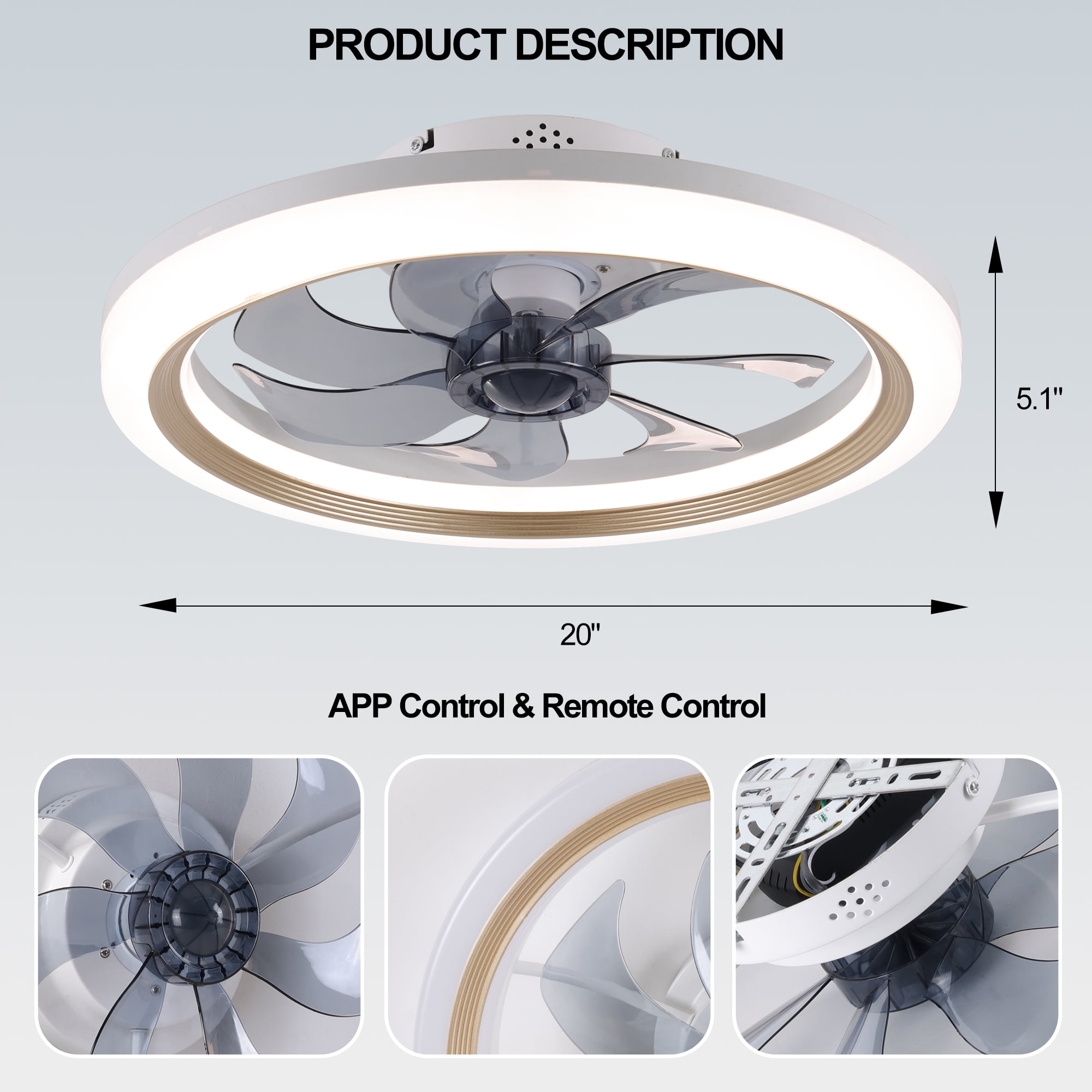LISUNAR 20" Ceiling Fans with Lights and Remote,Gold-Smart Dimmable low profile ceiling fan with light,Ceiling fans with lights flush mount，Stepless Color Temperature Change and 6 Speeds 7 Blades