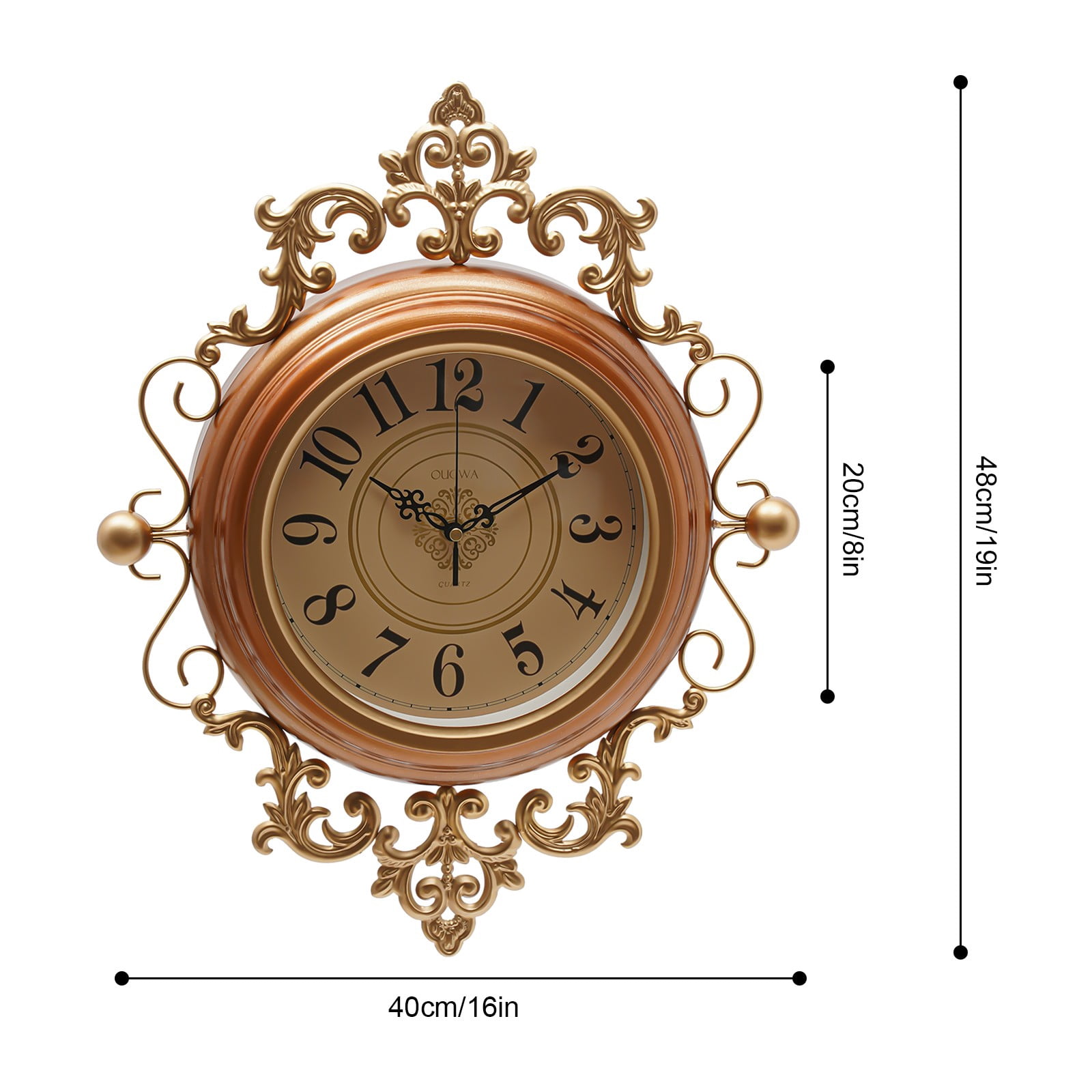16*19in Wall Mounted Indoor Wall Clock Silent Tanned Metal Retro Wall Clock Living Room Hallway Office Study Bedroom