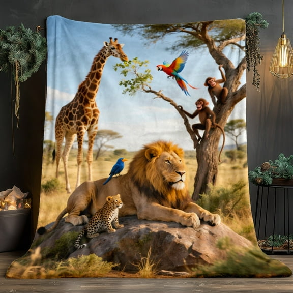 1pc Safari Animal Print Flannel Blanket - Lightweight Soft & Warm All-Season Throw with Vibrant Lion, Giraffe, Zebra & Bird Design for Sofa, Bed, Travel, Camping - Contemporary Home Decor Gift for Ad
