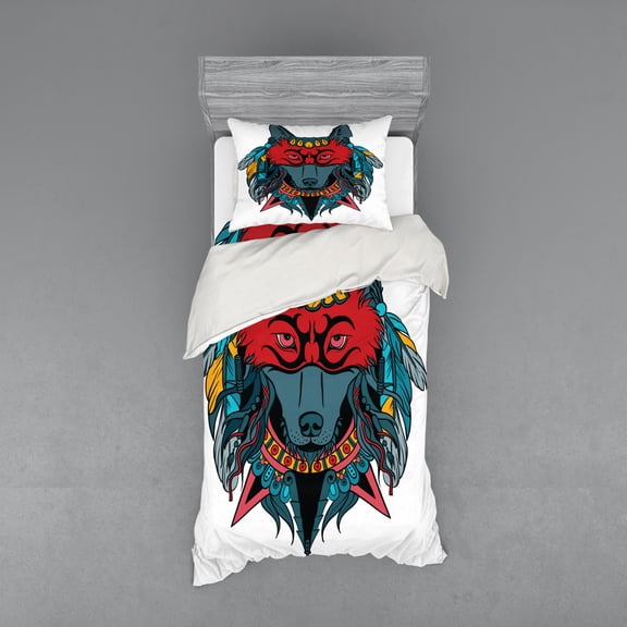 Ambesonne Tribal Bedding Set 3 Pcs, Wolf Animal Theme, Twin XL, Teal White and Red