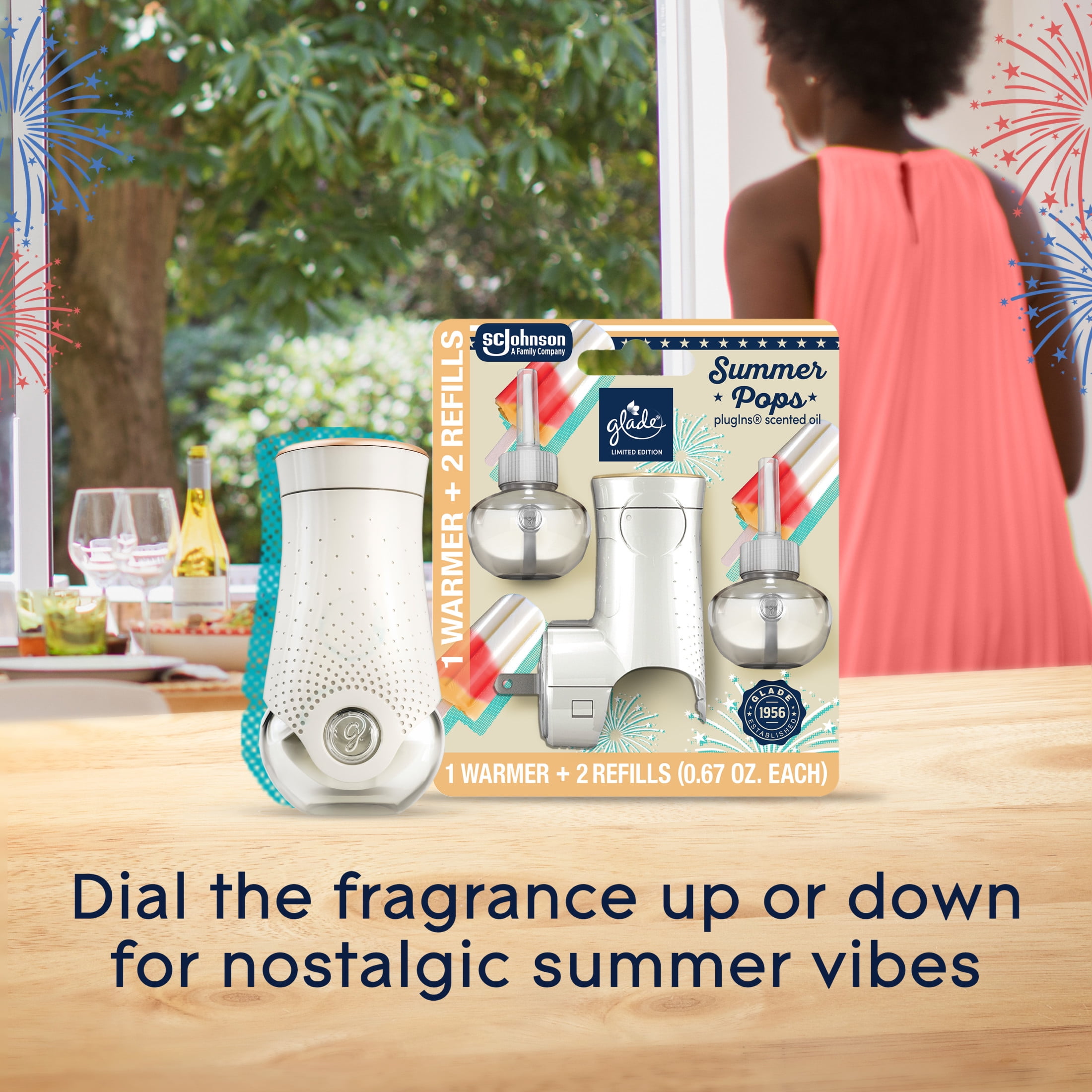 Glade PlugIns Refills Air Freshener Starter Kit, Summer Pops, 1.34 Fl oz., 1 Warmer + 2 Refills