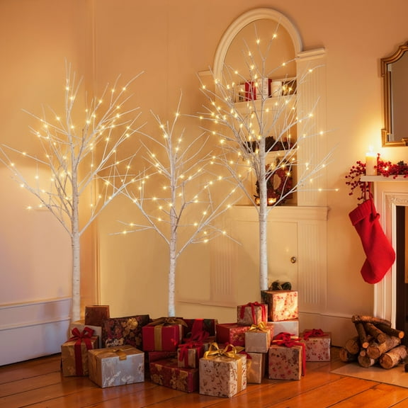 Gundir Set of 3 Lighted Birch Tree, 4FT 5FT 6FT, 216 Warm White LED, Indoor Outdoor Christmas Decor