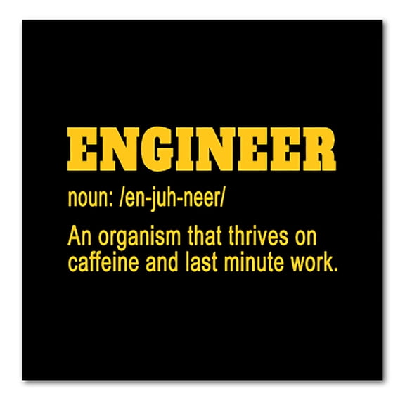 DistinctInk Custom Bumper Sticker - 8" x 8" Decorative Decal - Black Background - Engineer Definition - Caffeine and Last Minute