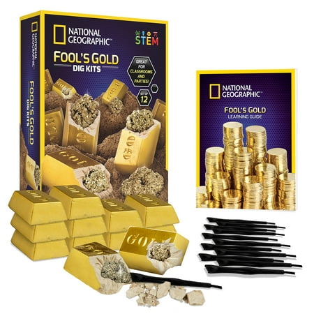 national geographic fool's dig kit - 12 gold bar dig bricks with 2-3 pyrite specimens inside, party activity with 12 excavation tool sets, great stem toy for boys & girls or party favors
