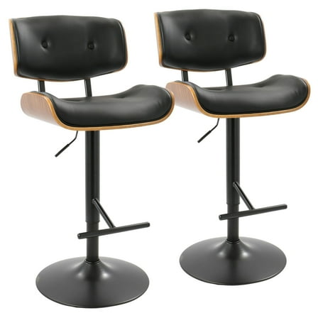 Lombardi Mid-Century Modern Adjustable Barstool With Swivel In Black Metal, Walnut Wood And Black Faux Leather - Set Of