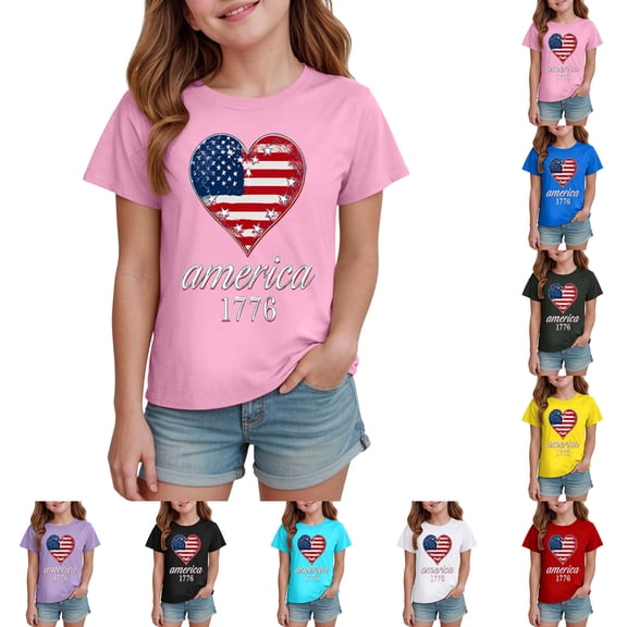 Ulanda Kids Striped Shirts Short Sleeve Boy Girls July 4th Patriotic Tee Top 3-14 Years (Black, 11-12 Years)