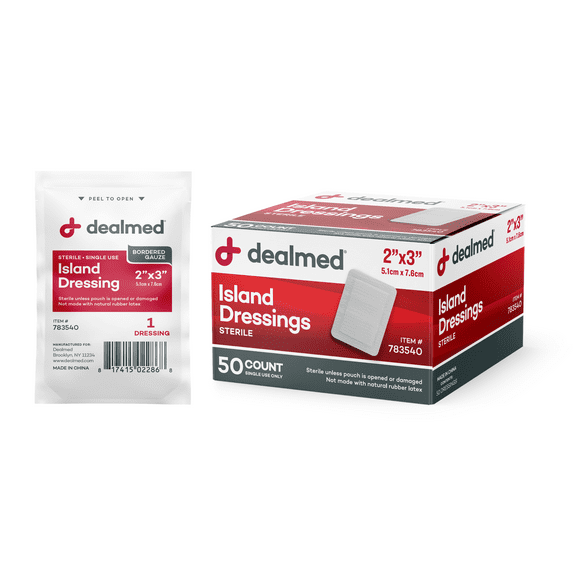 Dealmed Bordered Gauze Island Dressing, Sterile, Individually Wrapped Adhesive Borders with Non-Stick Pad, 2" x 3", 50/Box (Pack of 1)