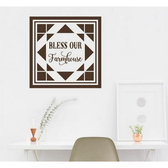 Barn Quilt Wall Decal Bless Our Farmhouse Style Room Decor Sticker Art 23x23-Inch Chocolate Brown