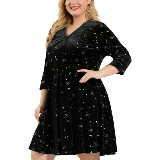 Unique Bargains Robe de Fête Midi Brillante à Manches 3/4 en Velours pour Femmes Grande Taille