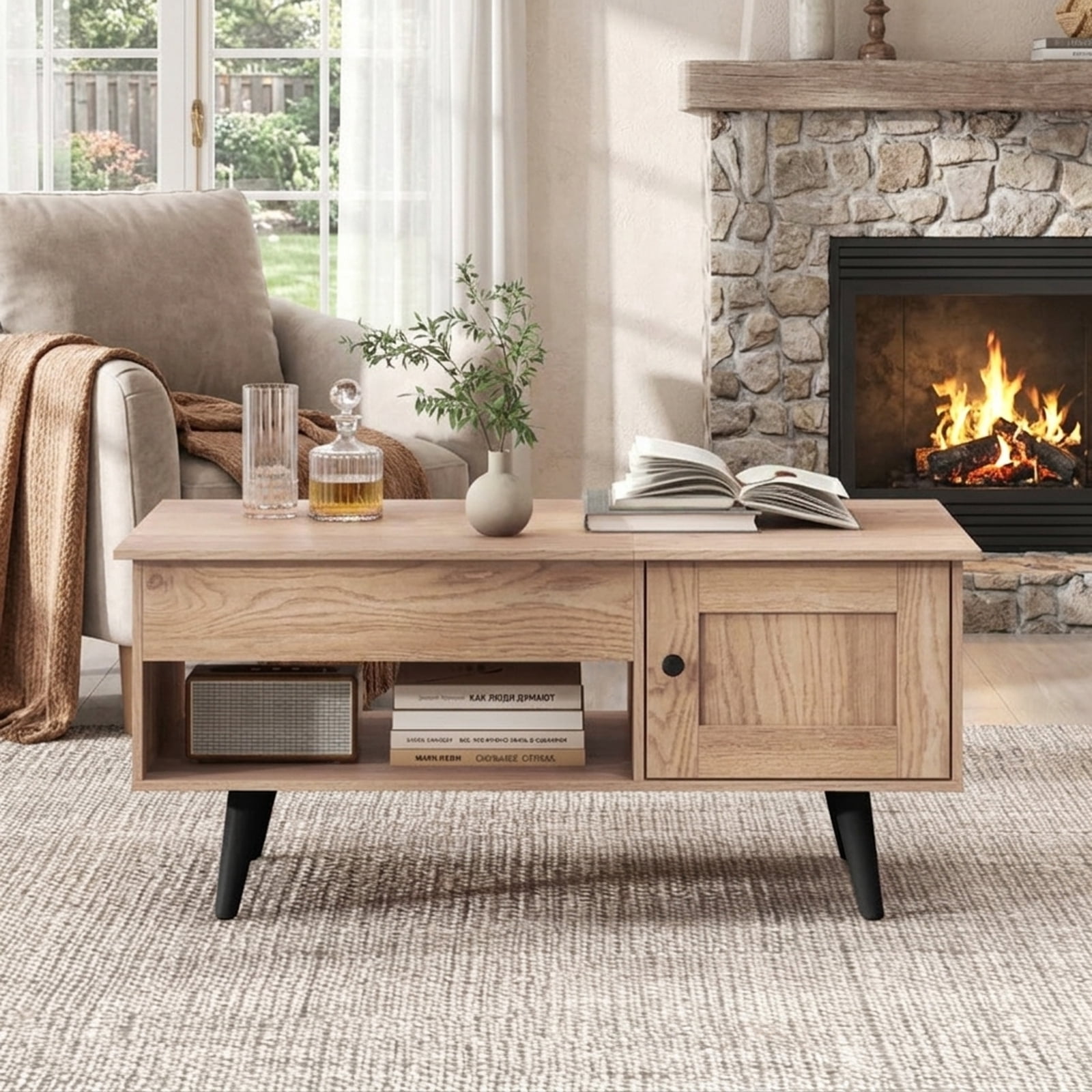 Furnibear Lift Top Coffee Table with Storage and Hidden Compartment - Natural - Living Room Cocktail Center Table