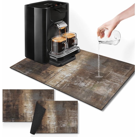 Coffee Mat for Countertops, Brown Abstract Modern Dish Drying Mat 2 Pcs for Kitchen Coffee Bar Accessories, Coffee Maker Espresso Machine Dish Rack Hide Stain Rubber Backed 12x19In