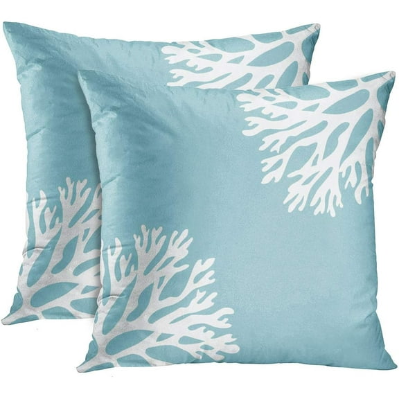 Set of 2 Throw Pillow Cover Hue Sea Coral Silhouettes Coastal Beach Light Blue Ocean Starfish Shell Decorative Pillow Case Home Decor Square 18 x 18 Inch Pillowcase