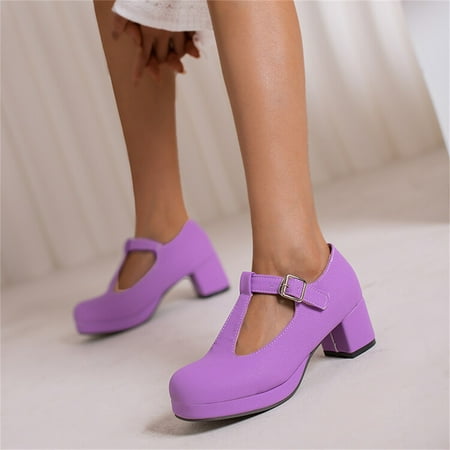 

Cathalem Women Closed Toe Shoes Ladies Fashion Solid Color Leather T Shaped Buckle Round Toe Thick High Heeled Light High Heels Purple 7.5