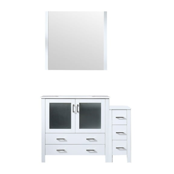 Harborfront 48 in W x 18.25 in D White Single Bath Vanity with Side Cabinet, White Ceramic Top and 34 in Mirror