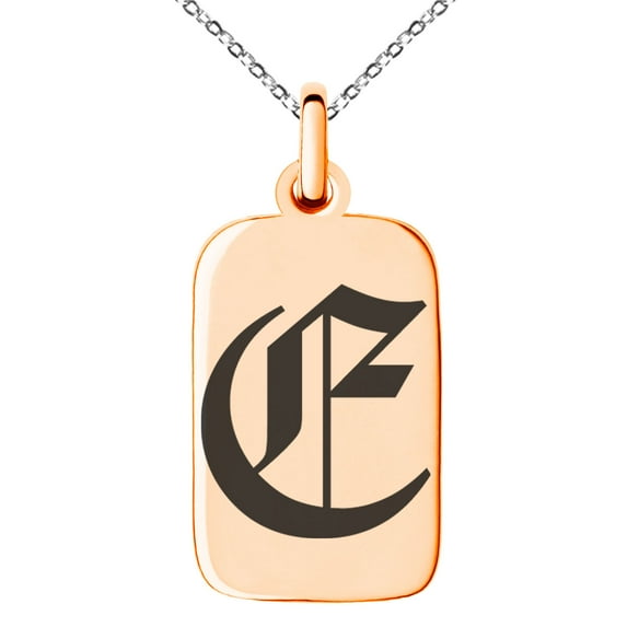 Stainless Steel Letter E Initial Old English Monogram Engraved Small Rectangle Dog Tag Charm Pendant Necklace
