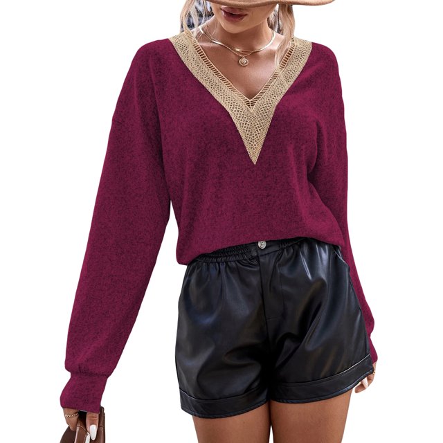 TRKIYQC Mujeres Sueltas Tops, Manga Larga Cuello en V Retro Encaje Casual Street Party Primavera Otoño Camisa TRKIYQC moda