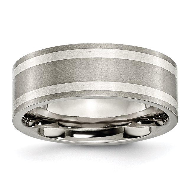 Titanium Sterling Silver Inlay Flat 8mm Brushed and Polished Band Size 10