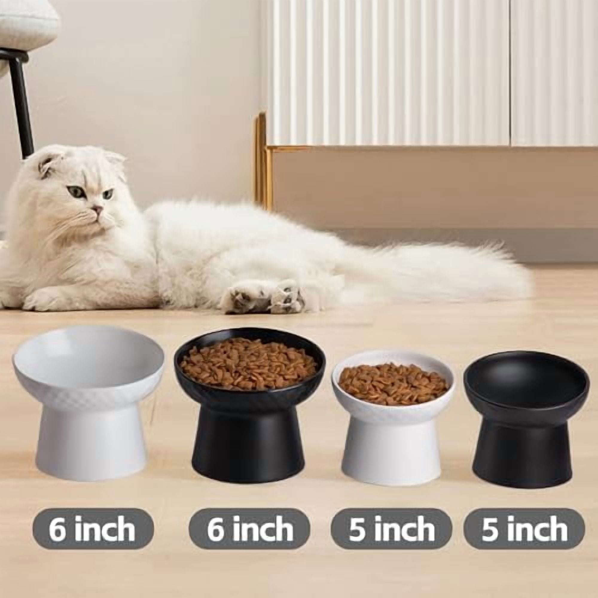 6 inch Small Ceramic Raised Cat Bowls, Tilted Elevated Food or Water Bowls, Stress Free, Backflow Prevention, Dishwasher and Microwave Safe, Lead & Cadmium Free(Black 6 inch-2pc)