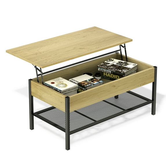 Canddidliike Rustic Wooden Lift Top Coffee Table w/Hidden Compartment and Mesh Shelves, Black