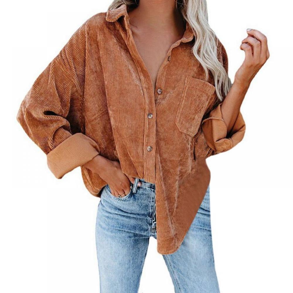 Womens Corduroy Shirts Oversized Jacket Casual Long Sleeve Button Down Blouses Tops Loose Baggy Jackets 