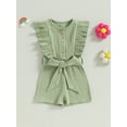 thumbnail image 2 of Infant Baby Girl Summer Jumpsuit Solid Color Ruffled Sleeveless Round Neck Button Romper Shorts with Belt, 2 of 7