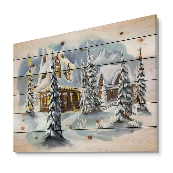 Designart 'Evening winter scene in Mountains with Christmas Tree' Print on Natural Pine Wood