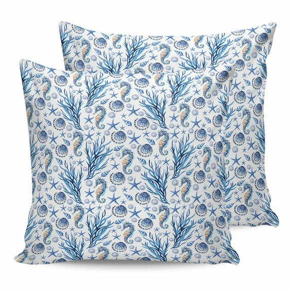 Outdoor Pillow Covers Pack of 2, Summer Ocean Seahorse Coral Starfish on Blue Waterproof Throw Pillowcase Cushion Cases, Abstract Shell Decorative Pillow Cover for Couch Sofa Home Bed Patio