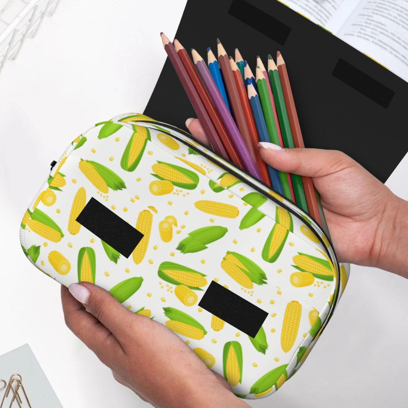 Rateoe Cartoon Corn Pattern Double Clamshell Pen Case, Storage Organizer with Two Zipper Compartments– Holds Up to 50 Pencils & Pens