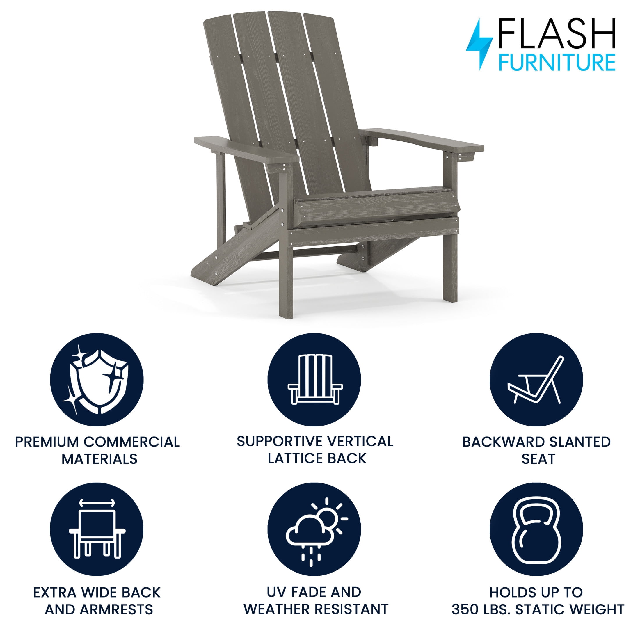 Flash Furniture Charlestown Indoor/Outdoor All Weather Faux Wood Adirondack Chair, Gray