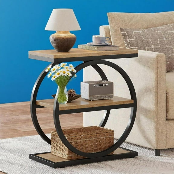 HUJHKIO Industrial Narrow End Table, 3-Tier Shelf Storage Stand for Living Room, Sofa Couch, Bedroom Nightstand & Outdoor, Wood & Metal Small Side Table