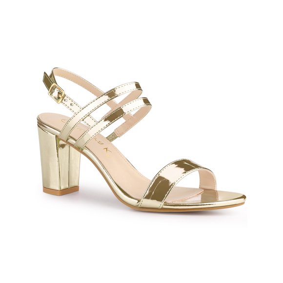 BLISSFUL STEP Women's Slingback Block Heel Ankle Strap Sandals Gold 7