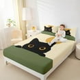 thumbnail image 4 of Manfei Black Kitten Queen Sheet Sets,Cartoon Animal Cat Flat Sheet,Green Yellow Queen Fitted Sheet,Super Cozy Bedroom Decor,4pcs, 4 of 7