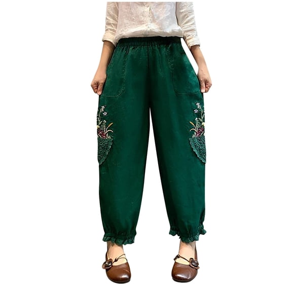Yuanlook Embroidered Harem Pants for Women High Waisted Cotton Linen Loose Fit Casual Pants Size M-4XL