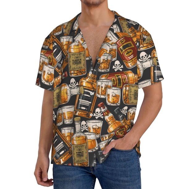 Balery Vintage Bottles Camisa Casual de Manga Corta con Botones para Hombre, Texturizada, Estilo Cubano, para Playa, Verano-X-Large