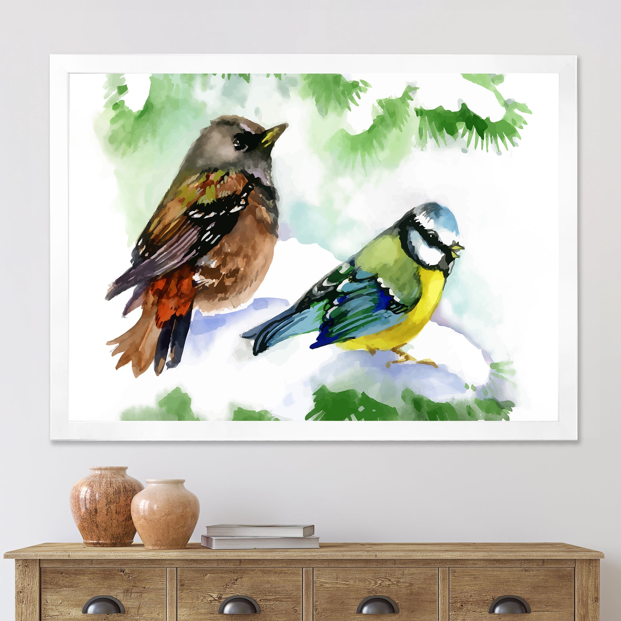 Designart 'Forest Birds Sitting On Snowy Fir Tree Branch' Traditional Framed Art Print