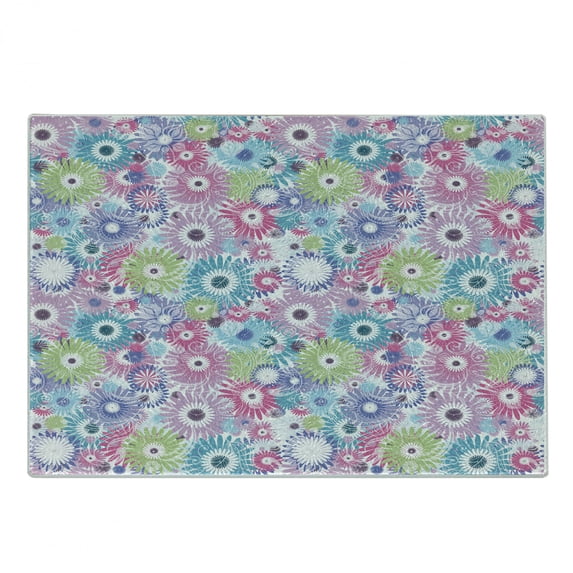 Floral Cutting Board, Colorful Pastel Pattern with Flowers and Vintage Curls Ornate Style Gerbera Daisies, Decorative Tempered Glass Cutting and Serving Board, Small Size, Multicolor, by Ambesonne