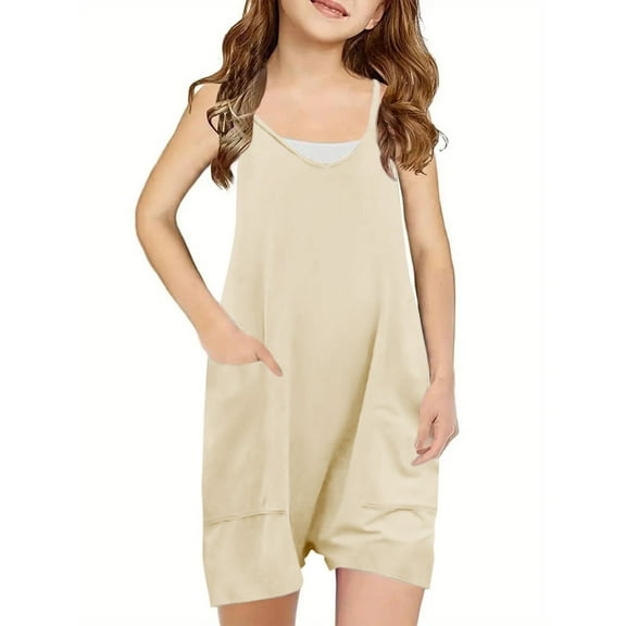 Dezsed Baby Cute Summer Romper Jumpsuits for Girls Kids Backless Strap Romper Toddler Pants Summer Clothes Beige 5-6 Years